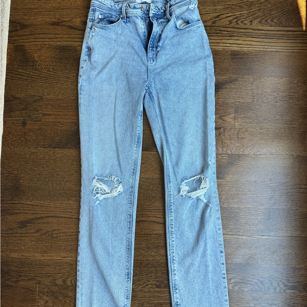 PAIGE Light Blue Distressed Straight Leg Jeans